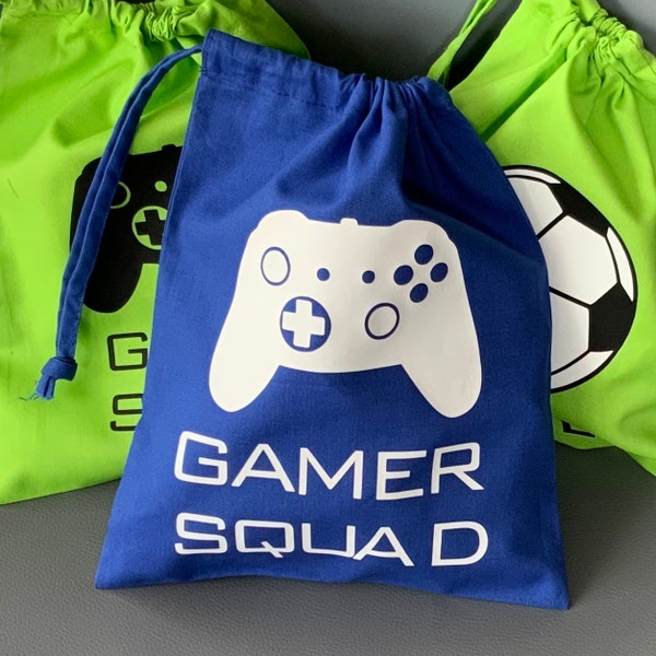 Gamer squad Party coton Sacs et masques . Sacs à dragées en tissu pour garçons ou filles. Personnalisation disponible. Soirée pyjama.