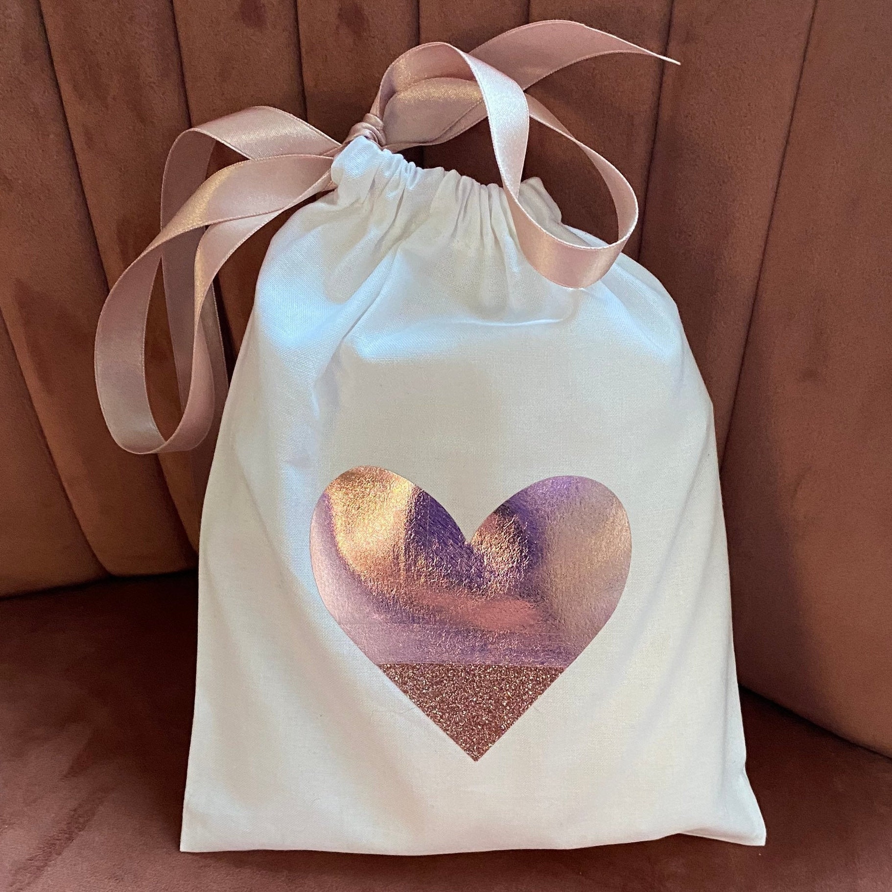 Cotton bags with personalisation available. Pretty Rose Gold Heart De…