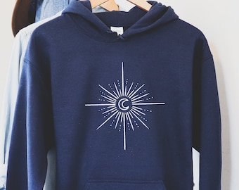 Rustic Sun & Moon Boho Hoodie: Vintage Style Pullover