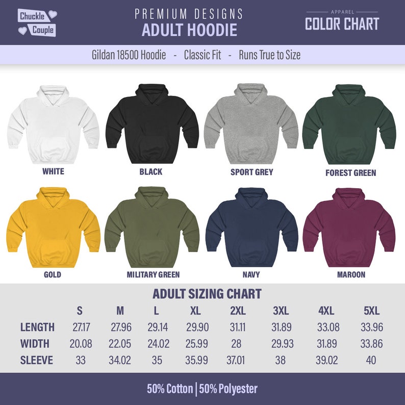 Puede incluir: Tabla de colores para sudaderas con capucha Gildan 18500 para adultos en varios colores, incluyendo blanco, negro, gris deportivo, verde bosque, dorado, verde militar, azul marino y granate. La tabla tambi&eacute;n incluye una tabla de tallas con medidas en pulgadas para la longitud, el ancho y la longitud de la manga para las tallas S, M, L, XL, 2XL, 3XL, 4XL y 5XL. La sudadera con capucha est&aacute; hecha de 50% algod&oacute;n y 50% poli&eacute;ster.
