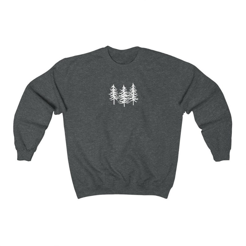 May include: A dark grey sweatshirt with a white outline of three pine trees on the front.