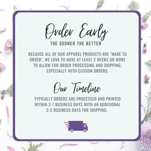 Puede incluir: Un gr&aacute;fico morado y blanco con el texto "Order Early" y "The sooner the better". El gr&aacute;fico tambi&eacute;n incluye el texto "Our Timeline" y explica que los pedidos normalmente se procesan e imprimen dentro de 3-7 d&iacute;as h&aacute;biles con un plazo adicional de 3-5 d&iacute;as h&aacute;biles para el env&iacute;o.