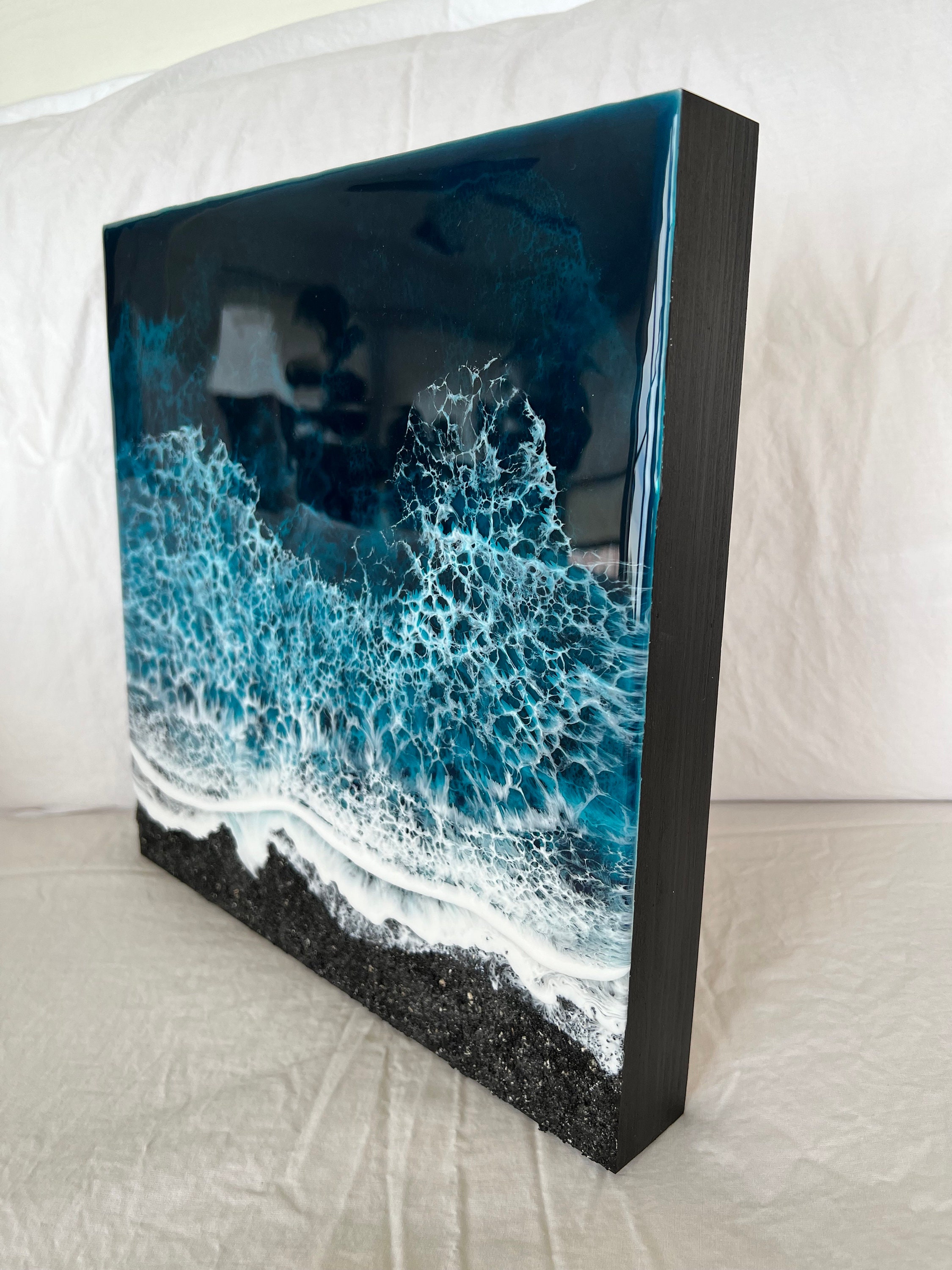 Black Memorial Beach Painting With Ashes, Resin Ocean Art, Pet