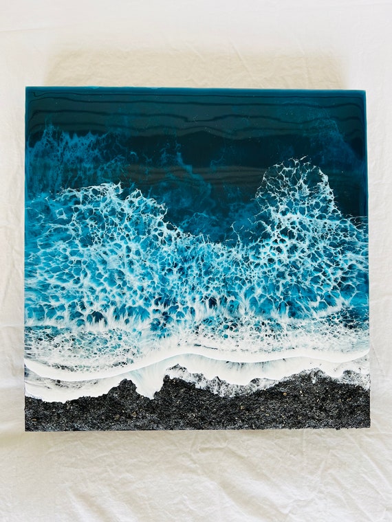 Black Memorial Beach Painting With Ashes, Resin Ocean Art, Pet