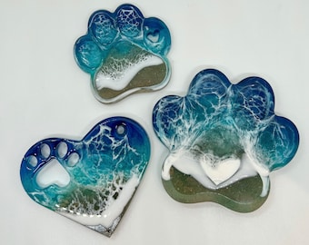 Memorial Paw Print with Ashes, Resin Ocean Art, Pet Memorial, Memorial Art, Custom Order