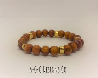 8mm round wood and gold accent beaded bracelet