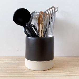 Handmade Ceramic Utensil Crock - Satin Espresso Black
