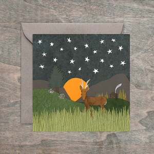 Saludos enmarcables: Tarjeta artística de 4 x 4" con diseño de ciervo y cabina de luna llena