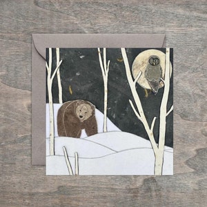 Framable Greetings - Verschneite Nachtgraue Eule & Grizzlybär und Winterwild lebende Tiere 4 x 4 "Kunstkarten."