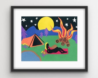 Campfire Girl Under the Stars— Matted & Framed Giclee Prints from Hand Cut Paper Collage Original Design (Various Sizes)