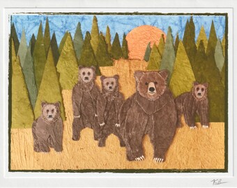 Handmade, Artist Signed Art Card— Legendary Grizzly Bear 399 & Cubs
