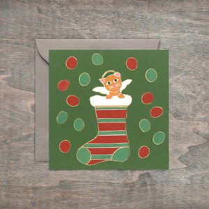 Salutations encadrables — Carte d'art des Fêtes Angel Stocking Kitty Square 4 x 4"