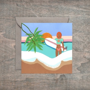 Framable Greetings— Sunset Surfer Girl Square 4 x 4&quot; Art Card