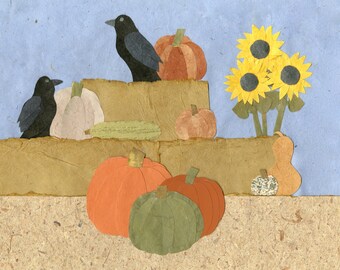 Blackbirds & Bountiful Harvest Matted Giclee Prints from Hand Cut Paper Collage - Various Sizes