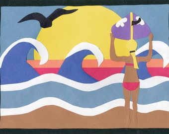 Surfer Girl— Matted Giclee Prints from Hand Cut Paper Collage