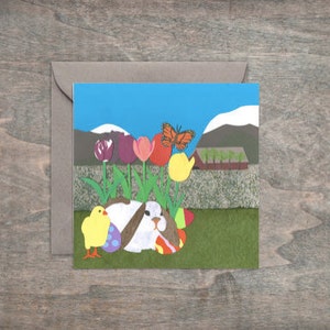 Salutations encadrables - Carte d'art Lapin de Pâques, Papillon et Tulipes 4 x 4"