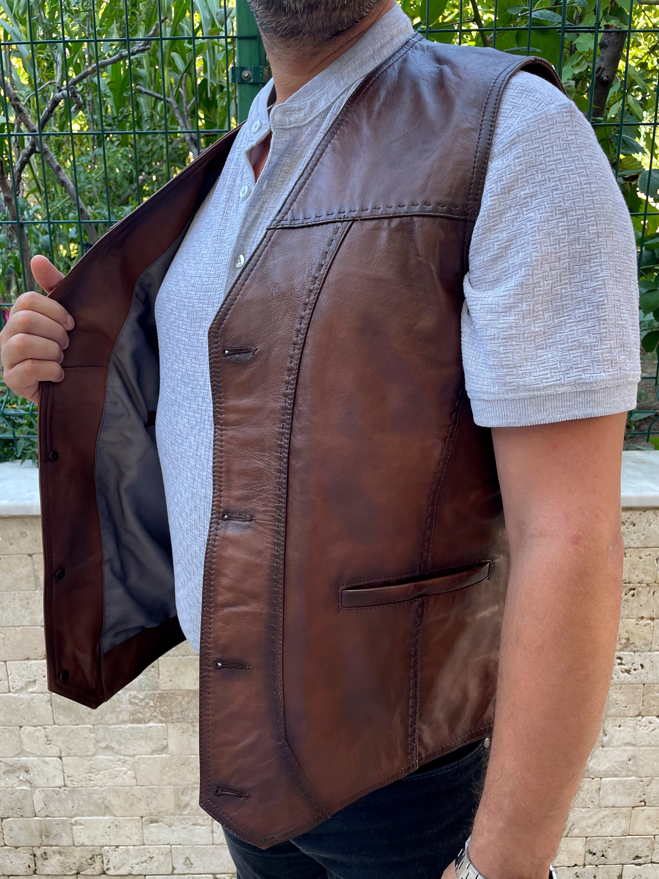 100% Genuine Soft Leather Vest, Buttoned Vest, Mens Leather Vest