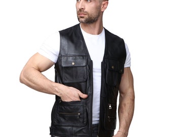Men's Clothing, 100% Soft Leather Vest, Black Men's Genuine Leather Vest, Zipper Vest, Sleeveless Jacket, Mens Leather Vest, Slim Fit
