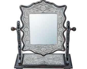 925 Sterling Silver  Flower Pattern Square Double Sided Mirror, table top mirror, Floral Mirror, Vintage Vanity Mirror,