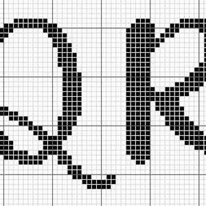 May include: Black and white cross-stitch pattern of the letters "Q" and "R" in a cursive font.