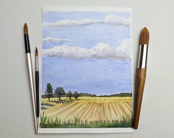 Good farmland ORIGINAL watercolor painting 11"x14" countryside landscape