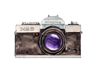 Minolta film camera digital download print of watercolor painting