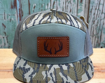 Deer Antlers Leather Patch 7 Panel Trucker Hat Bottomland/Loden