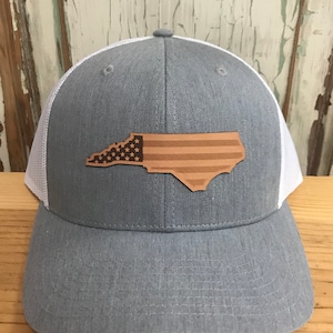 North Carolina USA Flag Leather Patch NC Trucker Hat Heather Grey/White