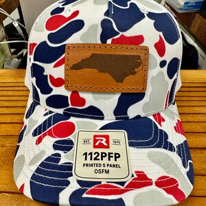 North Carolina Leather Patch NC Trucker Hat Richardson Duck Camo 112 Americana duck camo