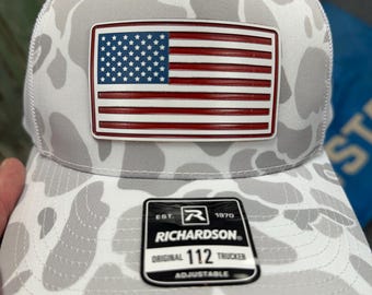 USA Flag Red/White/Blue Patch Trucker Hat Richardson Duck Camo