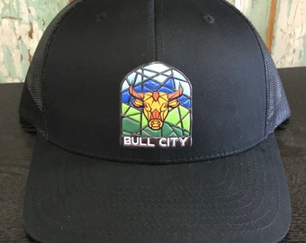 Bull City Stained Glass Patch Durham NC Trucker Hat Black/Black