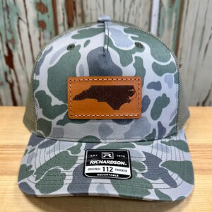 North Carolina Leather Patch NC Trucker Hat Richardson Duck Camo 112 Marsh duck camo