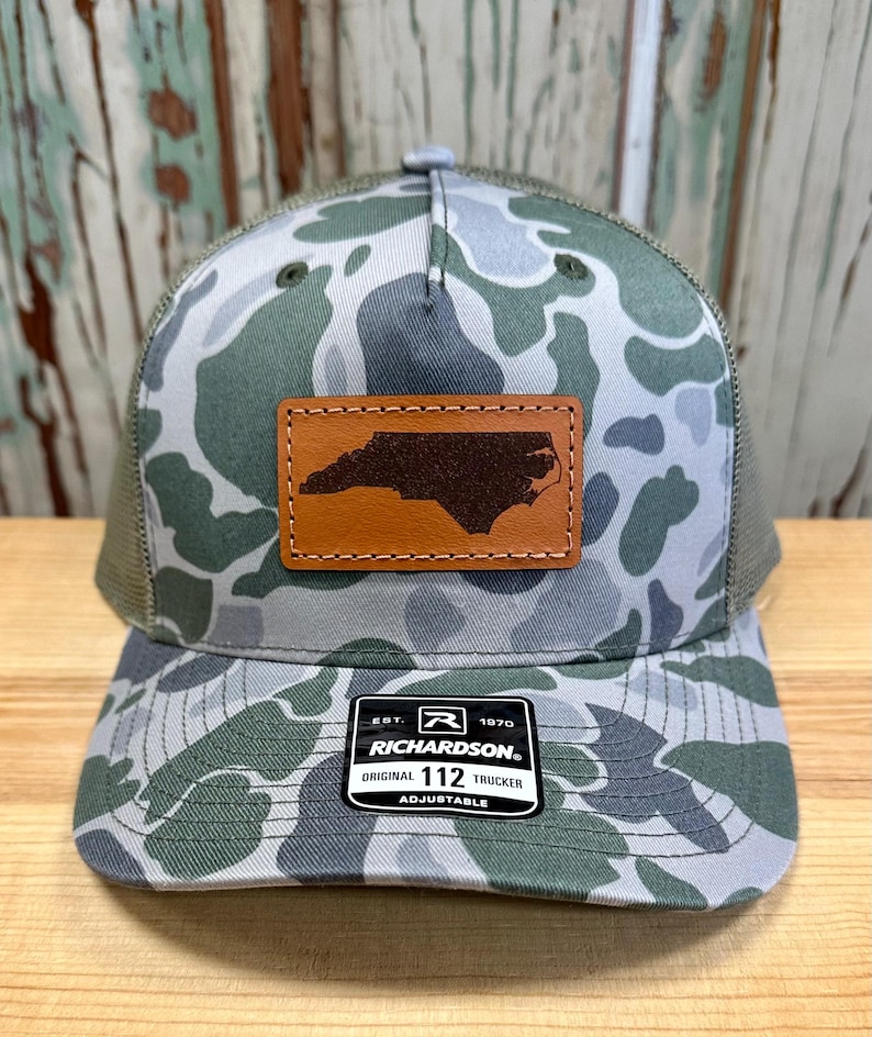 North Carolina Leather Patch NC Trucker Hat Richardson Duck Camo 112 Marsh duck camo
