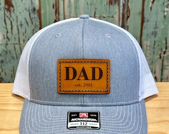 DAD Hat Est. Date Custom Leather Patch Trucker Hat Richardson 112 Any Color