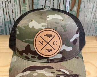 North Carolina Cross Leather Patch Snapback Trucker Hat Multicam Original/Brown