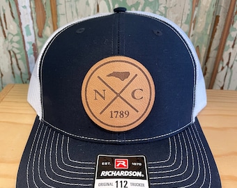 North Carolina Cross Leather Patch NC Trucker Hat Navy/White