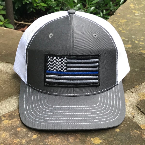 Thin Blue Line Patch Trucker Hat Charcoal/White