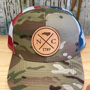 North Carolina Cross Leather Patch Snapback Trucker Hat Multicam Original/USA Flag Mesh