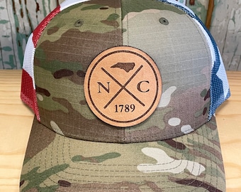 North Carolina Cross Leather Patch Snapback Trucker Hat Multicam Original/USA Flag Mesh