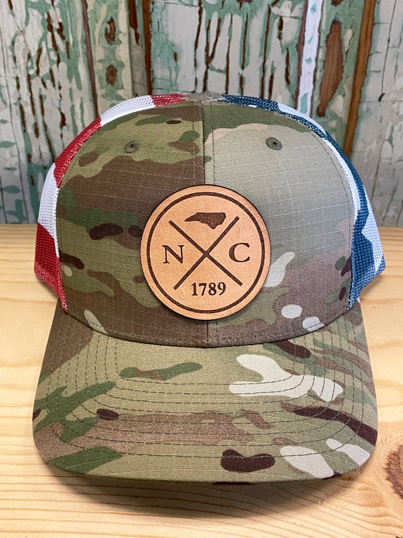 North Carolina Cross Leather Patch Snapback Trucker Hat Multicam