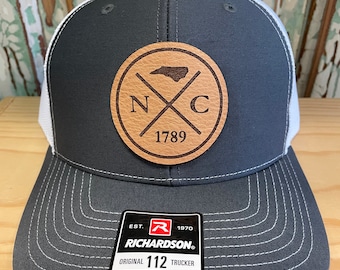 North Carolina Cross Leather Patch NC Trucker Hat Charcoal/White