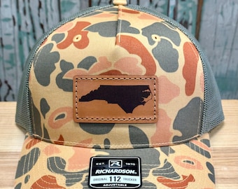 North Carolina Leather Patch NC Trucker Hat Richardson Duck Camo 112