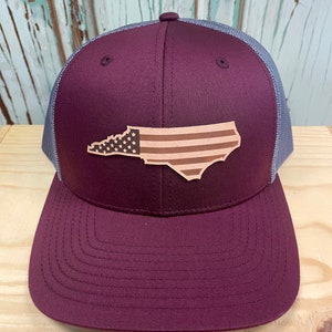 North Carolina USA Flag Leather Patch NC Trucker Hat Burgundy/Charcoal