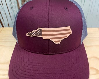 North Carolina USA Flag Leather Patch NC Trucker Hat Burgundy/Charcoal