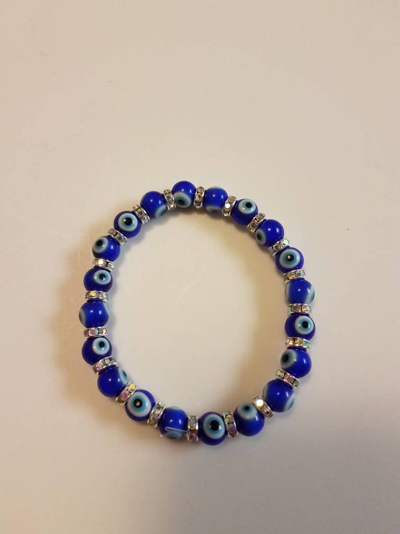 8mm Evil eye lucky eye blue beaded bracelet with 6mm crystal | Etsy