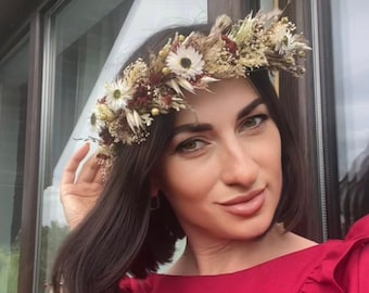 Burgundy flower hairpiece, Bridal floral accessory, Rustic wedding headpiece, Marsala floral crown, Flower girl hairpiece, Bridesmaid crown