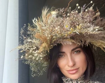 Boho Lalrge Headpiece, Couronne de fleurs séchées nuptiale | Accessoires de mariée pour un mariage d'inspiration bohème avec couleur naturelle