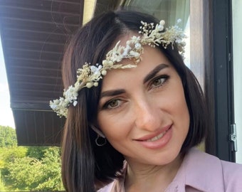 Ivory flower crown, Babys breath halo, dried flower crown, Bridal flower girl tiara crown, dried flower headpiece, babys breath crown