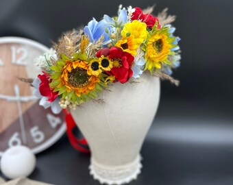 Ukrainian vinok Orange red floral headpiece Sunflower crown Bridal hairpiece Wedding floral wreath Hair flowers Ukrainian wreath
