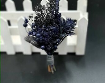 Navy blue dried boutonniere for wedding, Halloween boutiniere, dark blue and grey boutonniere, black groom boutonniere, navy grey boutonnier